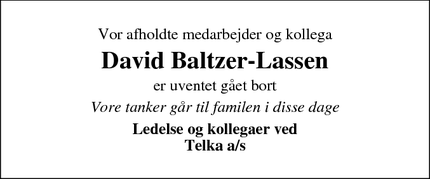 Dødsannoncen for David Baltzer-Lassen - Lemming