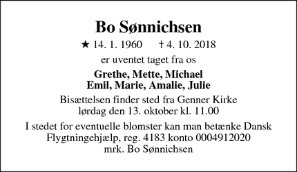 Dødsannoncen for Bo Sønnichsen - Børglum