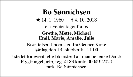 Dødsannoncen for Bo Sønnichsen - Børglum