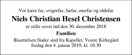 Dødsannoncen for Niels Christian Hesel Christensen - Silkeborg