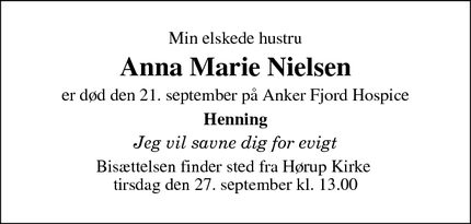 Dødsannoncen for Anna Marie Nielsen - 8620 Kjellerup