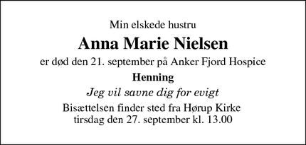 Dødsannoncen for Anna Marie Nielsen - 8620 Kjellerup