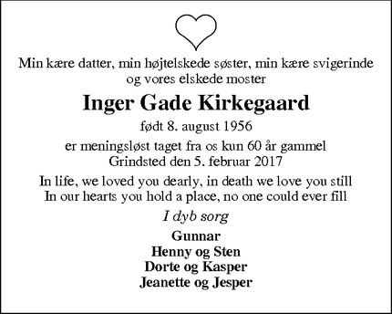 Dødsannoncen for Inger Gade Kirkegaard - Grindsted