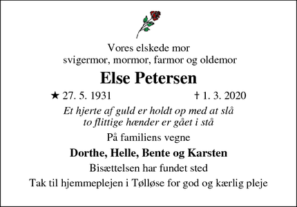 Dødsannoncen for Else Petersen - Tølløse