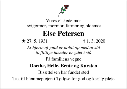 Dødsannoncen for Else Petersen - Tølløse