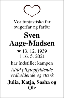 Dødsannoncen for Sven
Aage-Madsen - Viby Sjælland