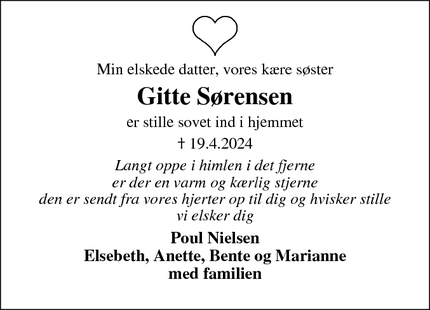 Dødsannoncen for Gitte Sørensen - Hjallerup