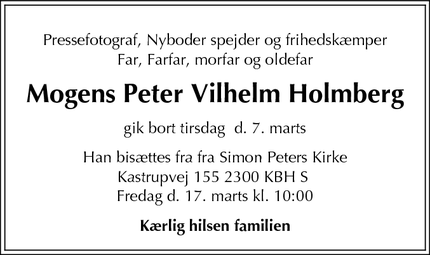 Dødsannoncen for  Mogens Peter Vilhelm Holmberg - Sundbyøster