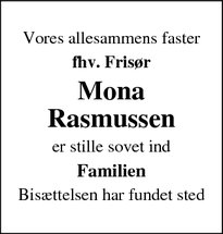 Dødsannoncen for  Mona
Rasmussen - munkebo