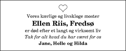 Dødsannoncen for Ellen Riis, Fredsø - Fredsø
