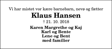 Dødsannoncen for Klaus Hansen - Thorup