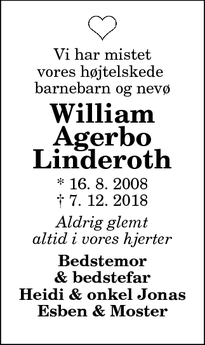 Dødsannoncen for William Agerbo
Linderoth - Nykøbing Mors