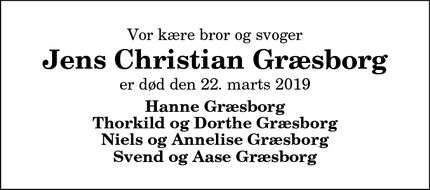 Dødsannoncen for Jens Christian Græsborg - Morsø