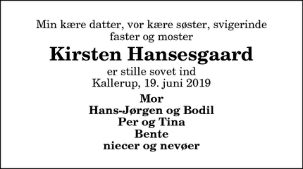 Dødsannoncen for Kirsten Hansesgaard - Kallerup