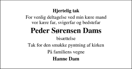 Taksigelsen for Peder Sørensen Dams - Vils