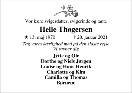 Dødsannoncen for Helle Thøgersen - Nykøbing Mors