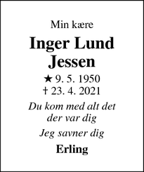 Dødsannoncen for Inger Lund
Jessen - Nykøbing Mors