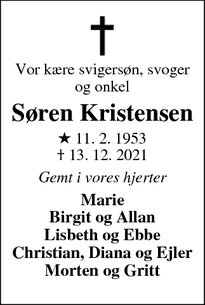 Dødsannoncen for Søren Kristensen - Solbjerg Mors