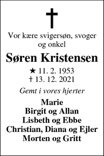 Dødsannoncen for Søren Kristensen - Solbjerg Mors