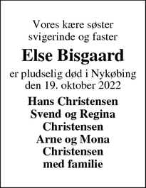 Dødsannoncen for Else Bisgaard - Nykøbing Mors