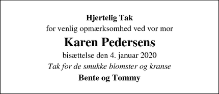 Dødsannoncen for Karen Pedersens - Nibe