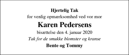 Dødsannoncen for Karen Pedersens - Nibe