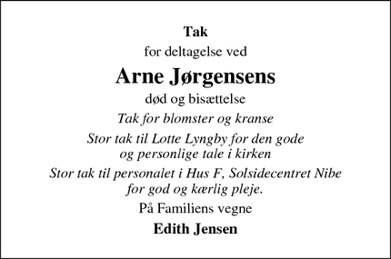 Taksigelsen for  Arne Jørgensens - Nibe