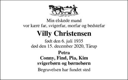 Dødsannoncen for Villy Christensen - Tårup