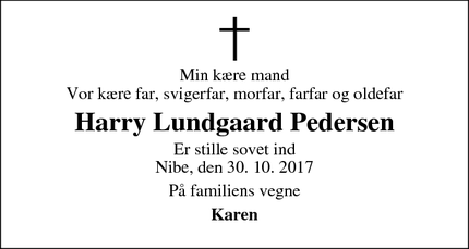 Dødsannoncen for Harry Lundgaard Pedersen - Nibe