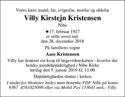 Dødsannoncen for Villy Kirstejn Kristensen - Nibe