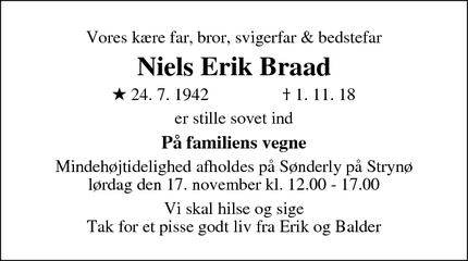 Dødsannoncen for Niels Erik Braad - Svendborg