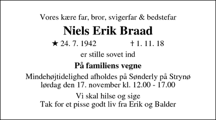 Dødsannoncen for  Niels Erik Braad - Svendborg