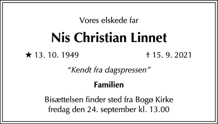 Dødsannoncen for  Nis Christian Linnet - København V