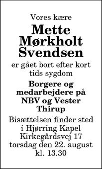 Dødsannoncen for Mette Mørkholt Svendsen - Hjørring