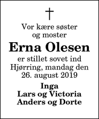 Dødsannoncen for Erna Olesen - Hjørring
