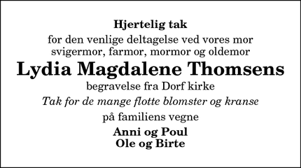 Taksigelsen for Lydia Magdalene Thomsens - 9300 Sæby