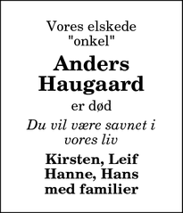Dødsannoncen for Anders Haugaard - Nørresundby