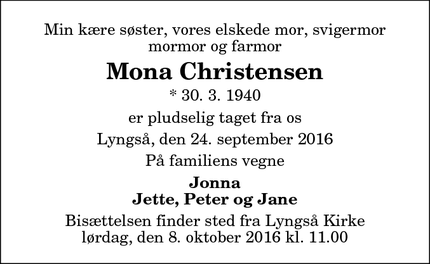 Dødsannoncen for Mona Christensen - Lyngså