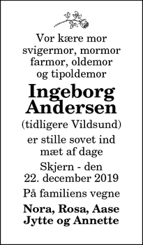 Dødsannoncen for Ingeborg
Andersen - Vildsund, 7700 Thisted