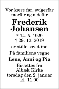 Dødsannoncen for Frederik
Johansen - Flauenskjold