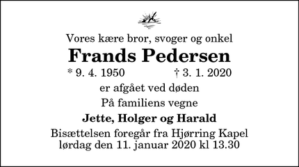Dødsannoncen for Frands Pedersen - Frøstrup