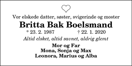 Dødsannoncen for Britta Bak Boelsmand - København