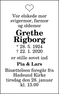 Dødsannoncen for Grethe
Rigborg - Hadsund