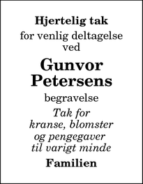 Taksigelsen for  Gunvor Petersens - Lendum