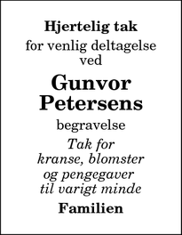 Taksigelsen for  Gunvor Petersens - Lendum