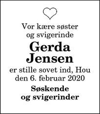 Dødsannoncen for Gerda
Jensen - Hou