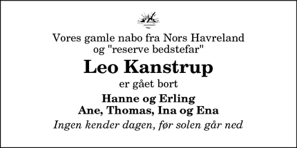 Dødsannoncen for Leo Kanstrup - Nors