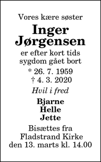 Dødsannoncen for Inger Jørgensen - AALBORG