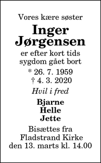Dødsannoncen for Inger Jørgensen - AALBORG