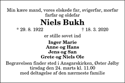 Dødsannoncen for Niels Bukh - Solbjerg, Mors